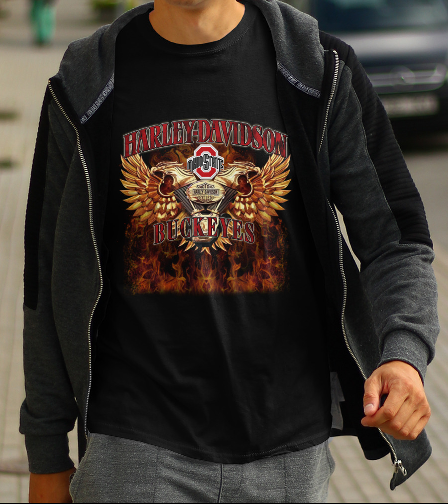 Harley Davidson Ohio State Buckeyes Ncaa612 Flaming Wings T-Shirt