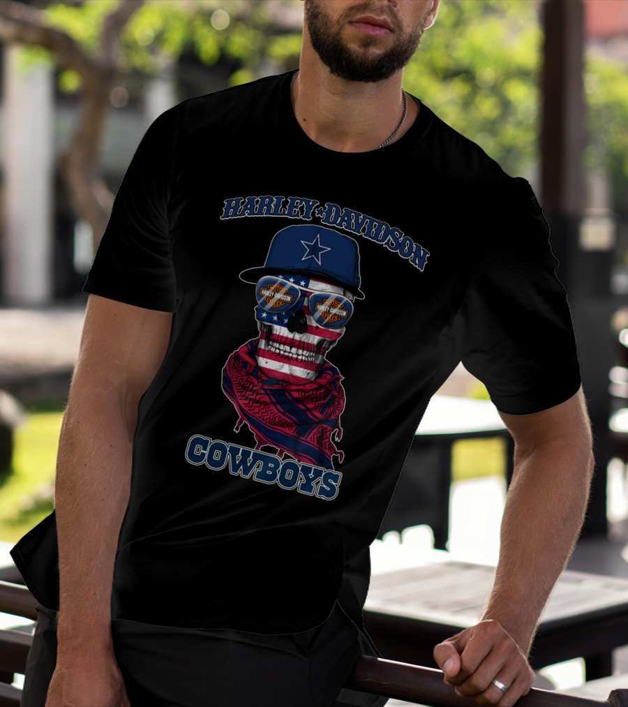 Harley Davidson Usa Cowboys Skull With Flag Bandana And Star Cap T-Shirt