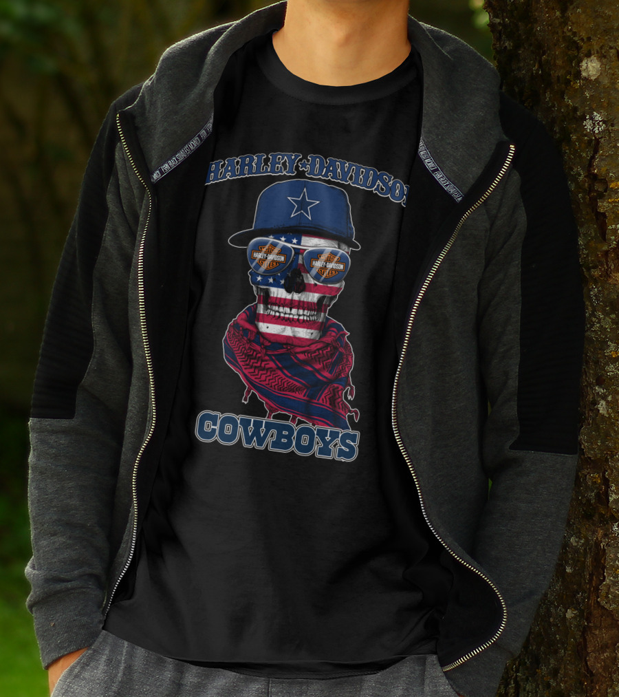 Harley Davidson Usa Cowboys Skull With Flag Bandana And Star Cap T-Shirt