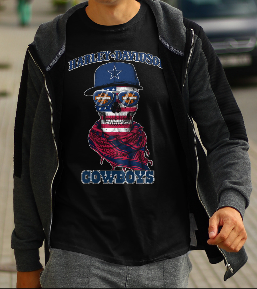 Harley Davidson Usa Cowboys Skull With Flag Bandana And Star Cap T-Shirt