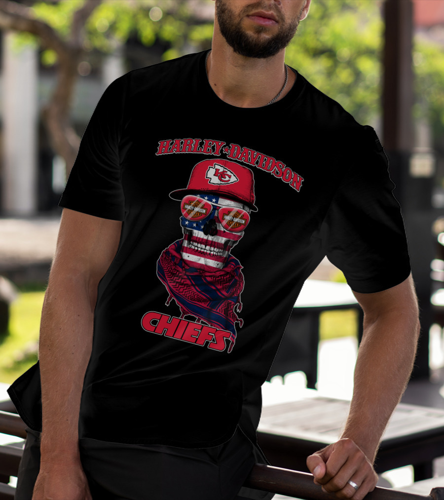 Harley Davidson Kansas City Chiefs Skull Usa Flag Bandana T-Shirt