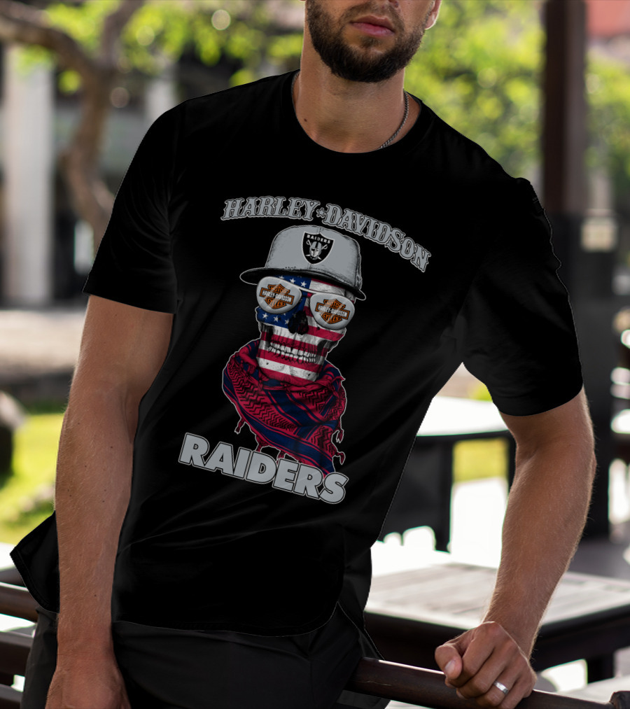 Harley Davidson Raiders Skull American Flag Bandana Nfl X Las Vegas Raiders T-Shirt