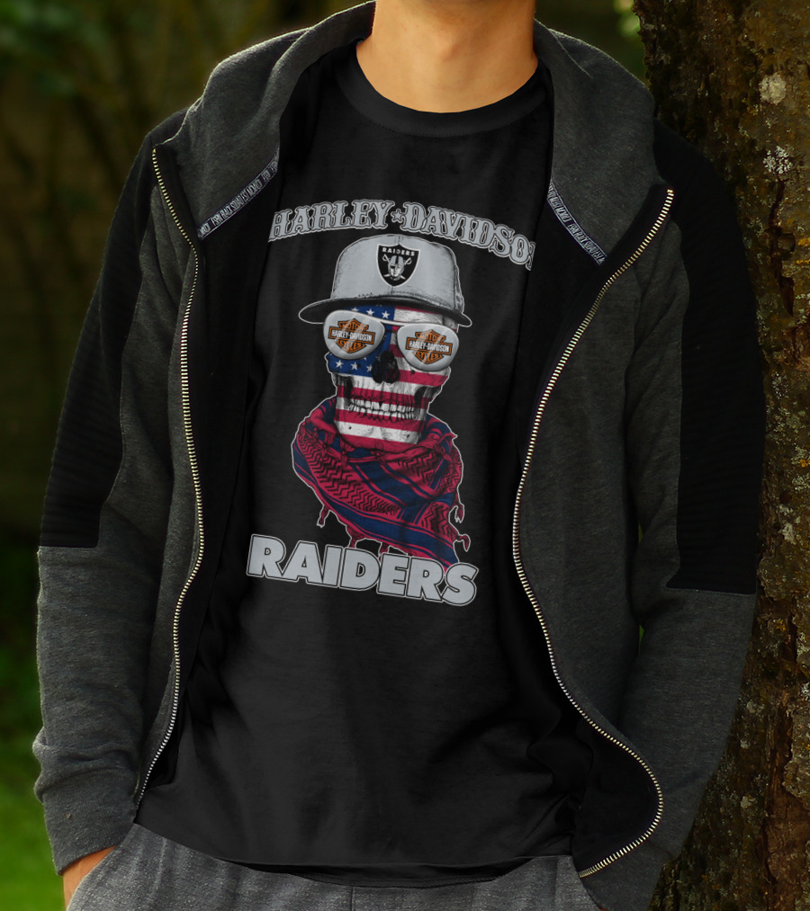 Harley Davidson Raiders Skull American Flag Bandana Nfl X Las Vegas Raiders T-Shirt
