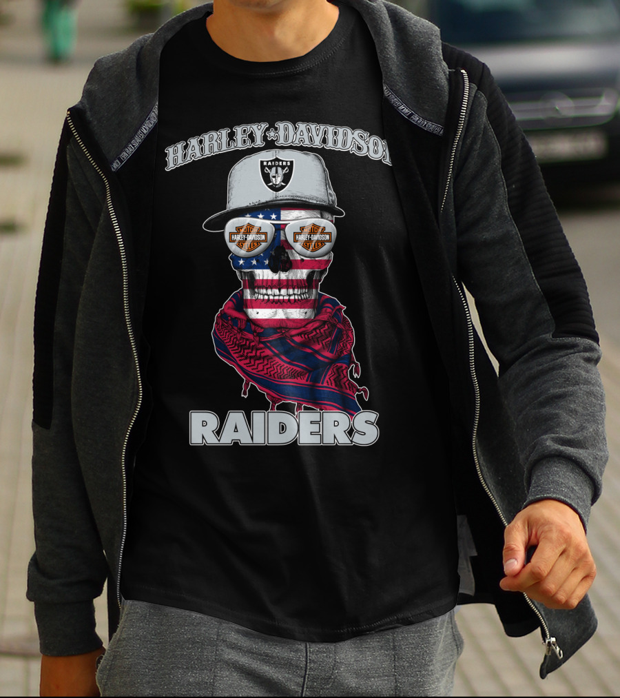 Harley Davidson Raiders Skull American Flag Bandana Nfl X Las Vegas Raiders T-Shirt