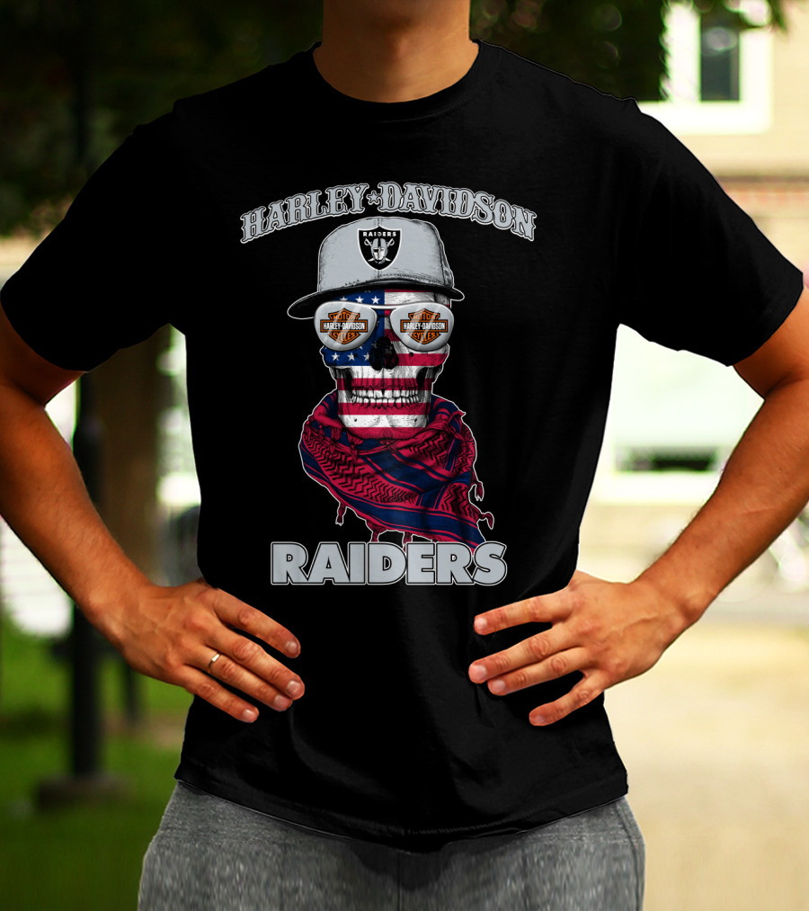 Harley Davidson Raiders Skull American Flag Bandana Nfl X Las Vegas Raiders T-Shirt