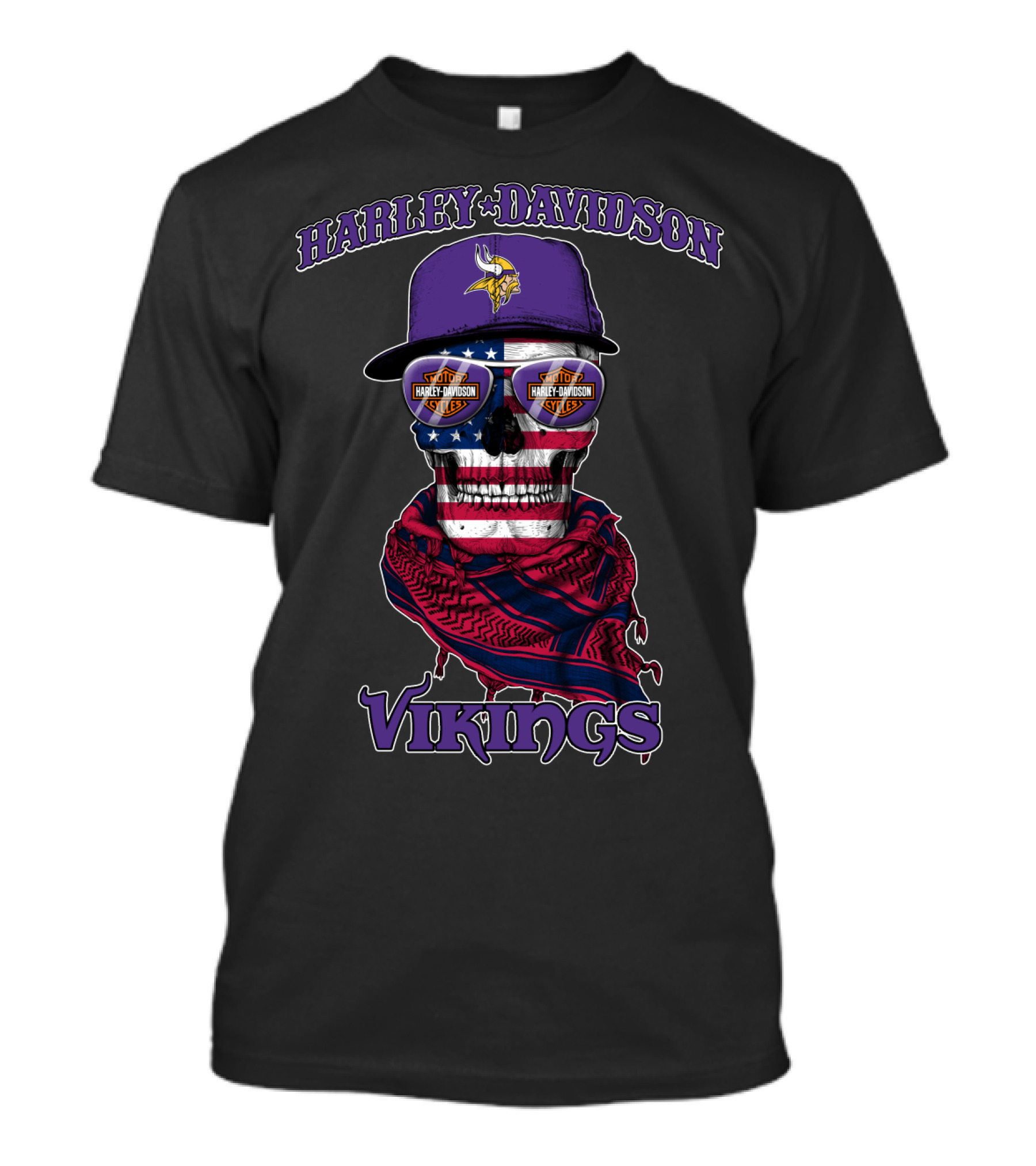 Harley Davidson Vikings Minnesota Skull Usa Flag Nfl T-Shirt