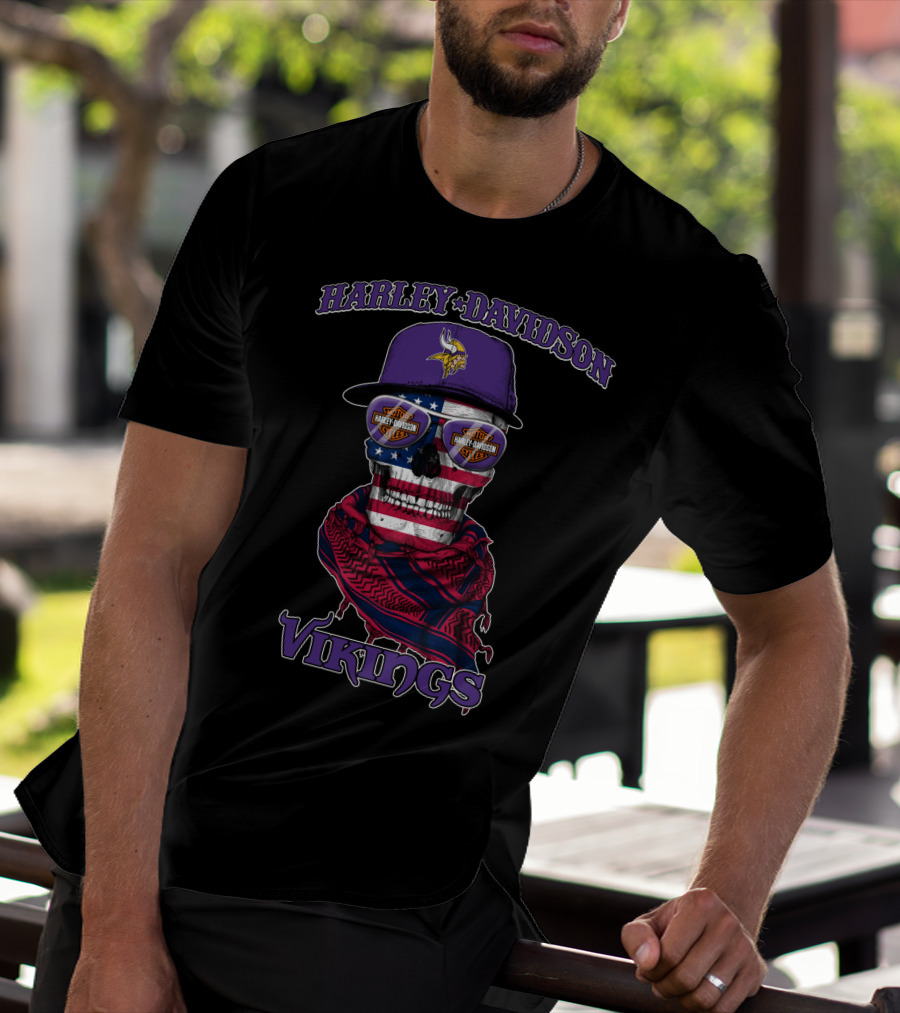 Harley Davidson Vikings Minnesota Skull Usa Flag Nfl T-Shirt