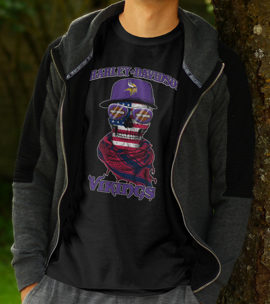 Harley Davidson Vikings Minnesota Skull Usa Flag Nfl T-Shirt
