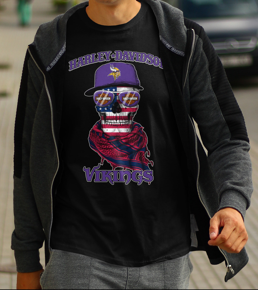 Harley Davidson Vikings Minnesota Skull Usa Flag Nfl T-Shirt