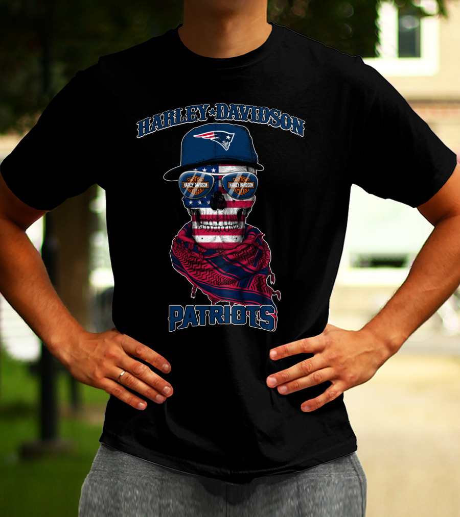 Harley Davidson New England Patriots Usa Flag Skull With Sunglasses T-Shirt