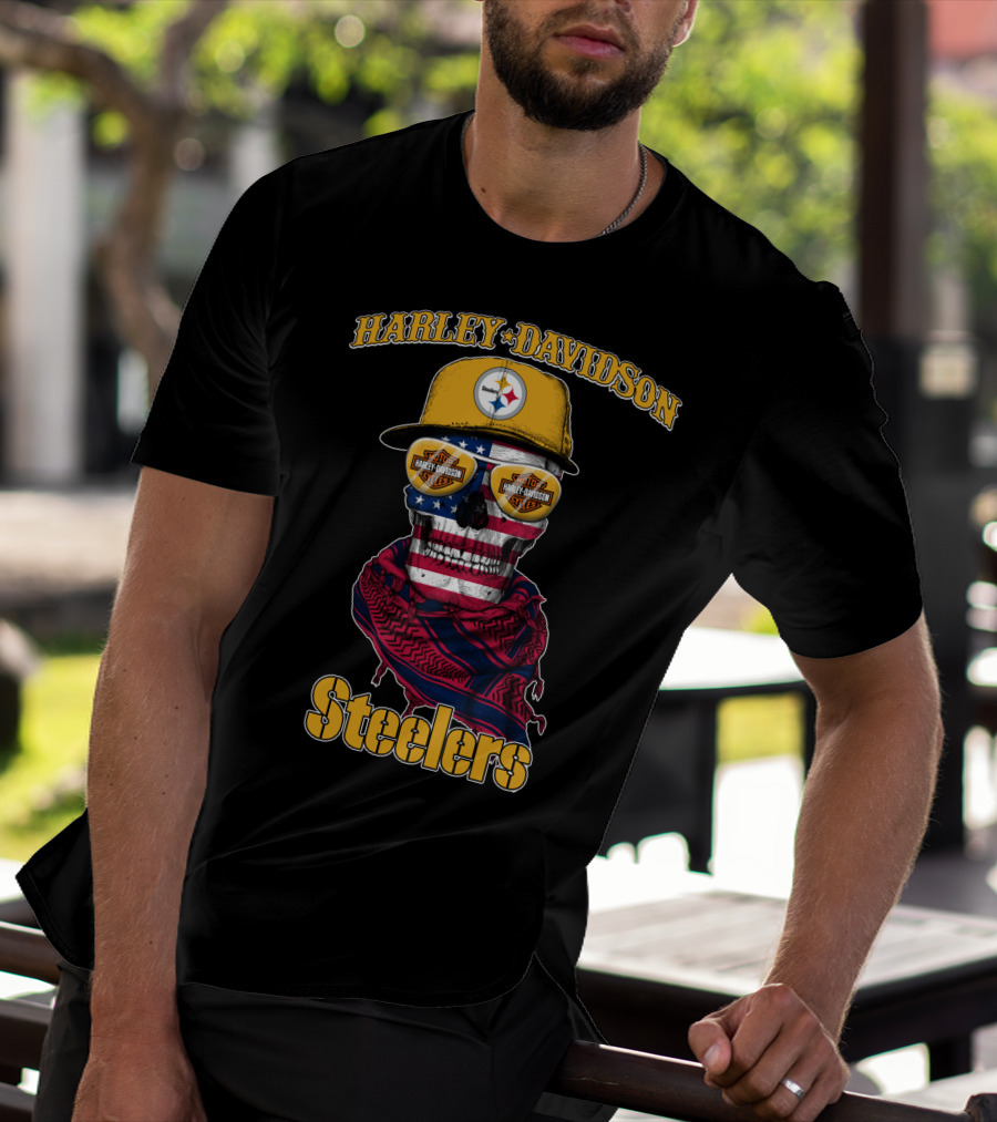 Harley Davidson Steelers American Flag Skull Cap T-Shirt