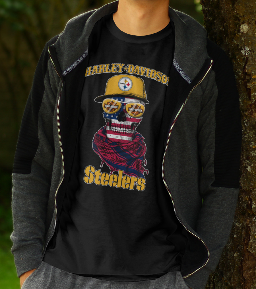 Harley Davidson Steelers American Flag Skull Cap T-Shirt