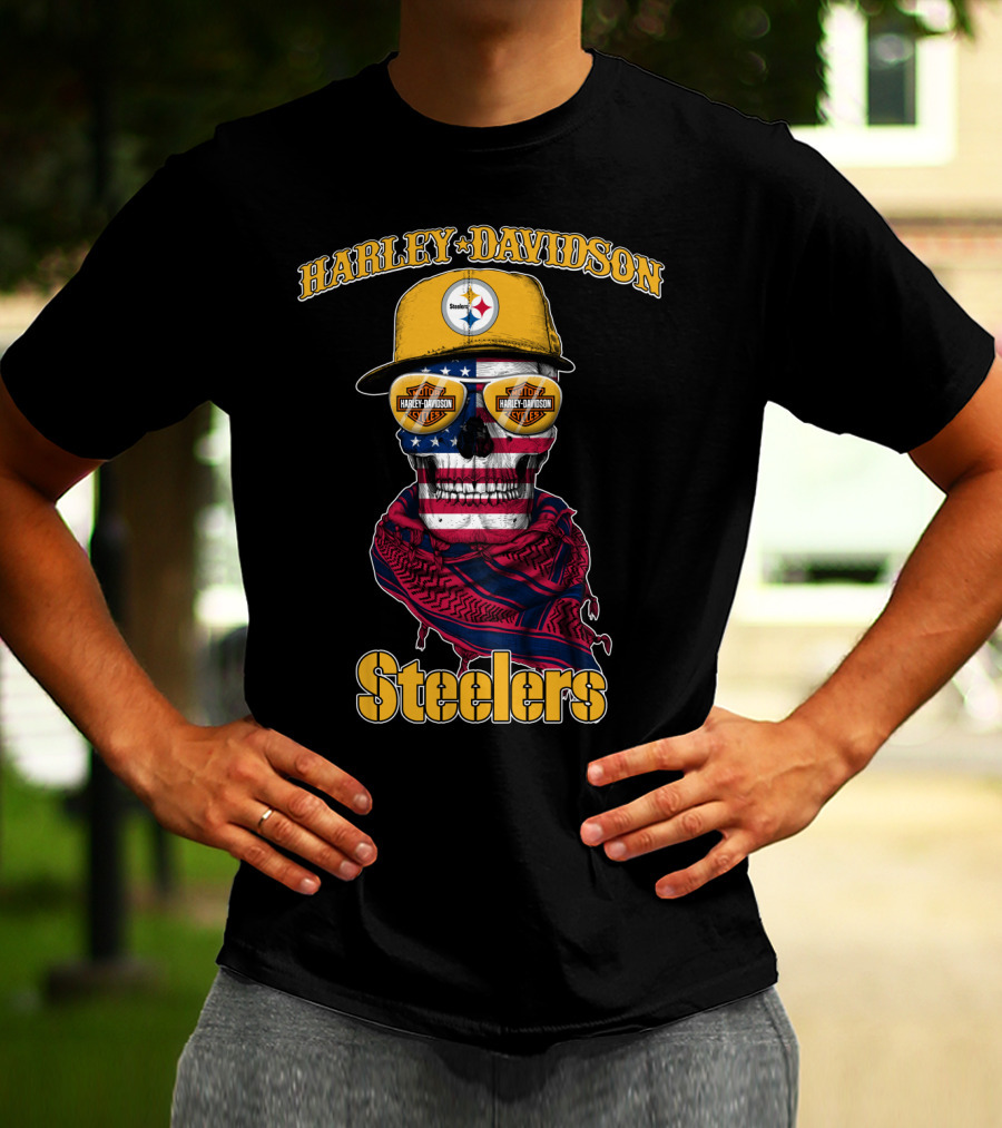 Harley Davidson Steelers American Flag Skull Cap T-Shirt