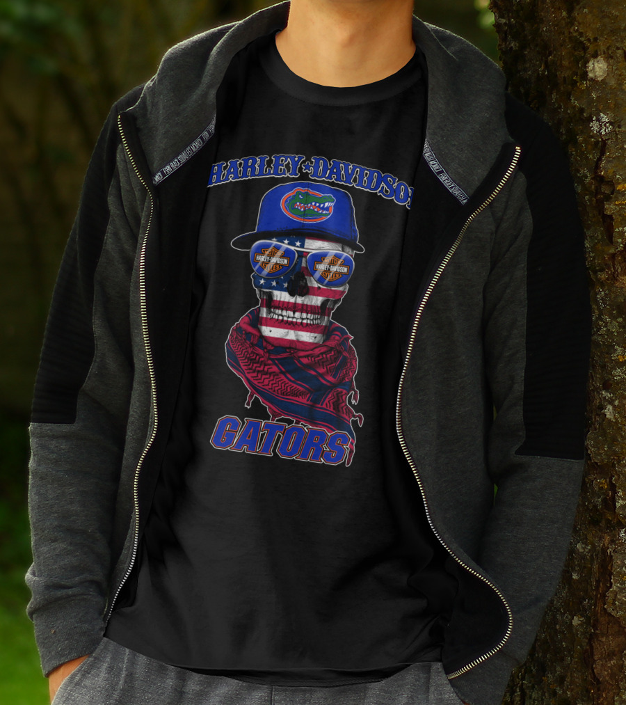 Harley Davidson Gators Florida American Flag Skull T-Shirt