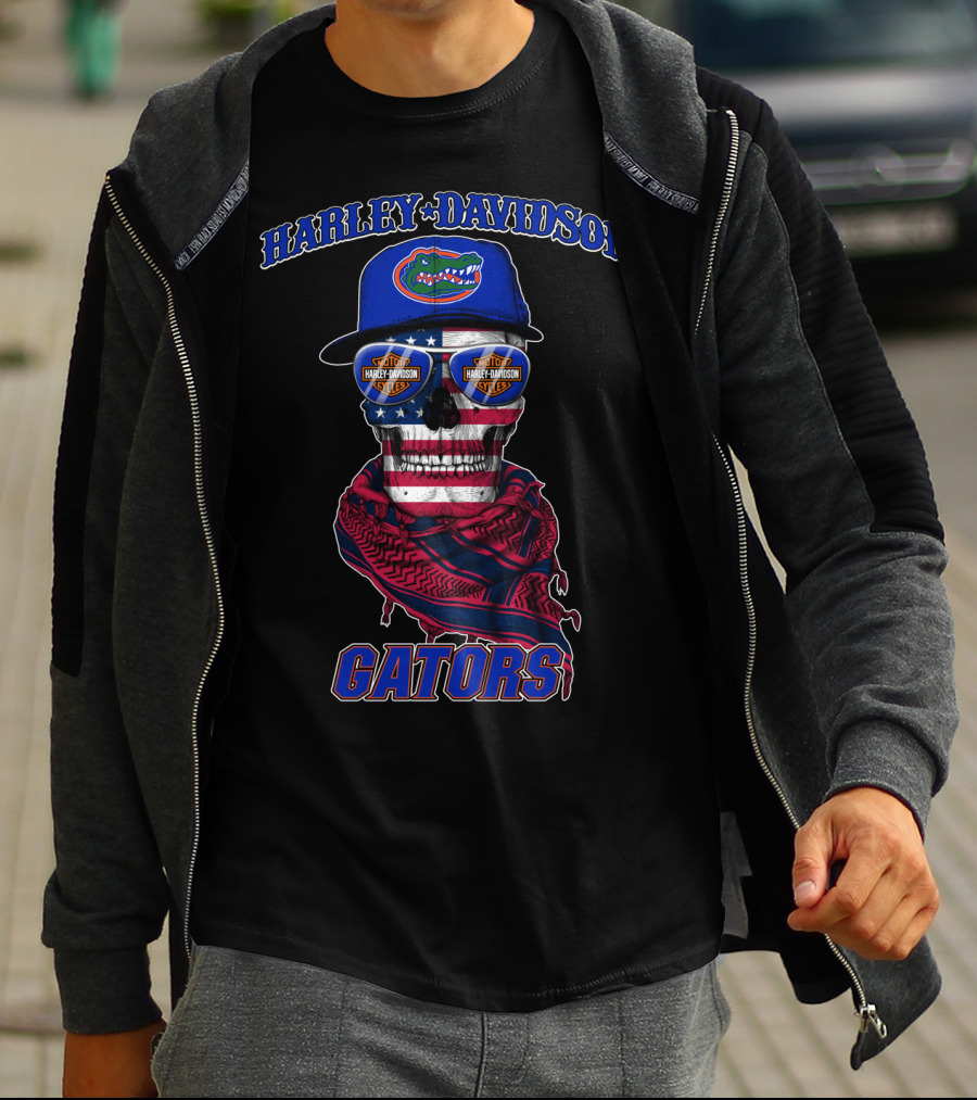 Harley Davidson Gators Florida American Flag Skull T-Shirt