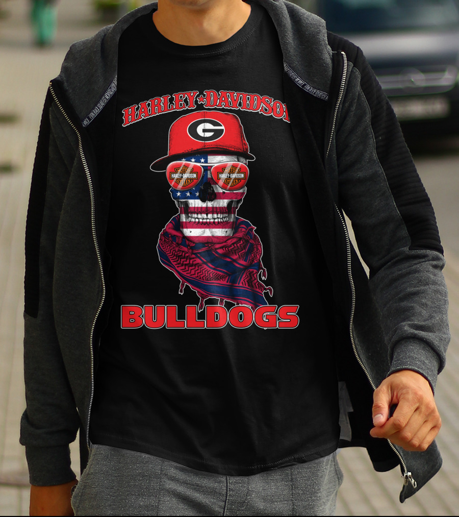 Harley Davidson Georgia Bulldogs Usa Flag Skull T-Shirt