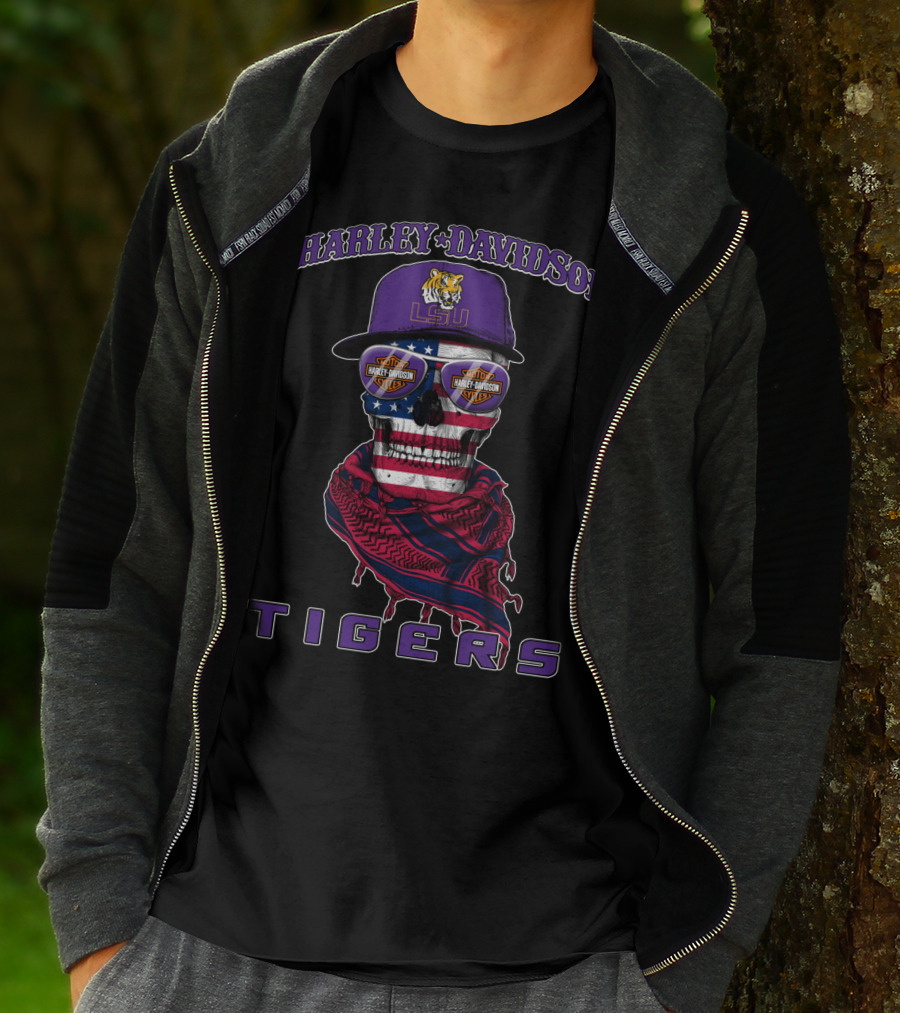 Harley Davidson Lsu Tigers Skull With American Flag And Cap T-Shirt