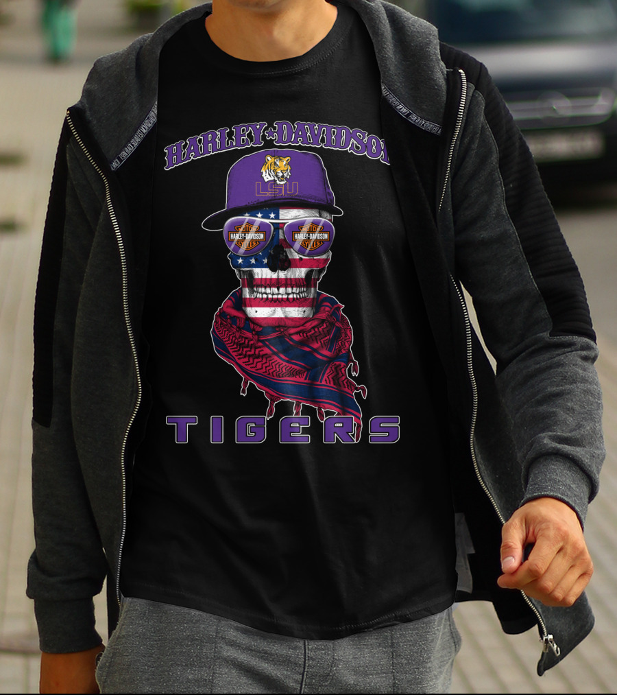 Harley Davidson Lsu Tigers Skull With American Flag And Cap T-Shirt