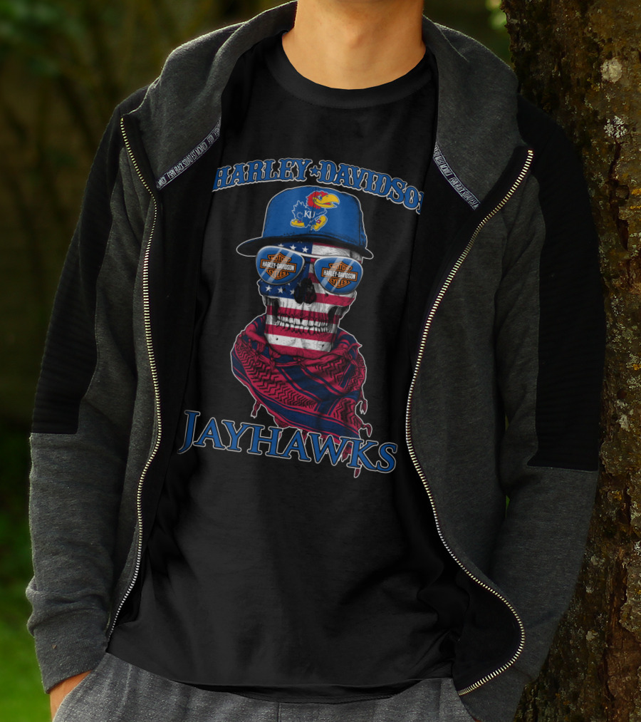 Harley Davidson Kansas Jayhawks Skull With Usa Flag Bandana And Logo Sunglasses T-Shirt