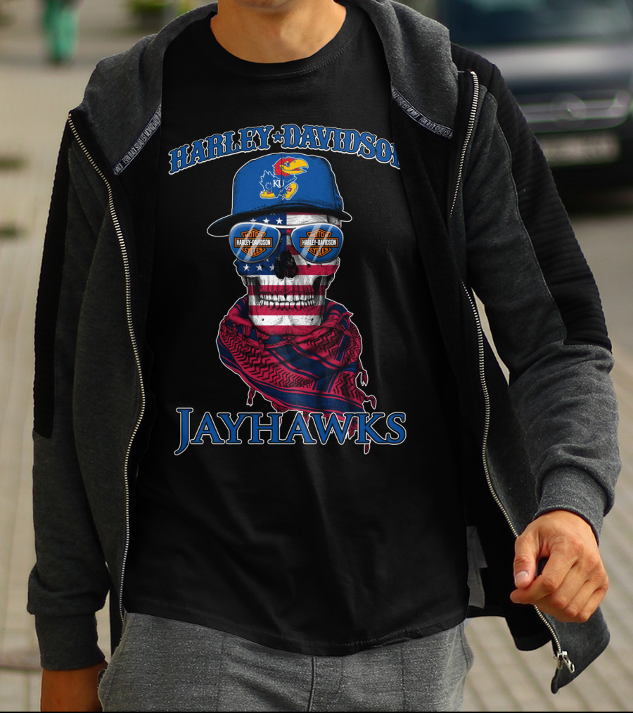 Harley Davidson Kansas Jayhawks Skull With Usa Flag Bandana And Logo Sunglasses T-Shirt