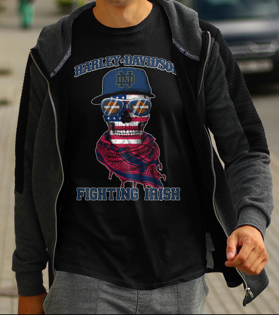 Harley Davidson Notre Dame Fighting Irish Skull With American Flag And Bandana T-Shirt