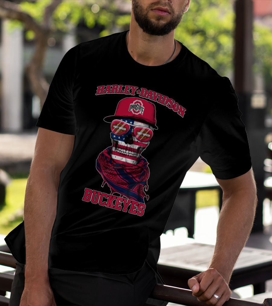 Harley Davidson Ohio State Buckeyes Usa Flag Skull T-Shirt