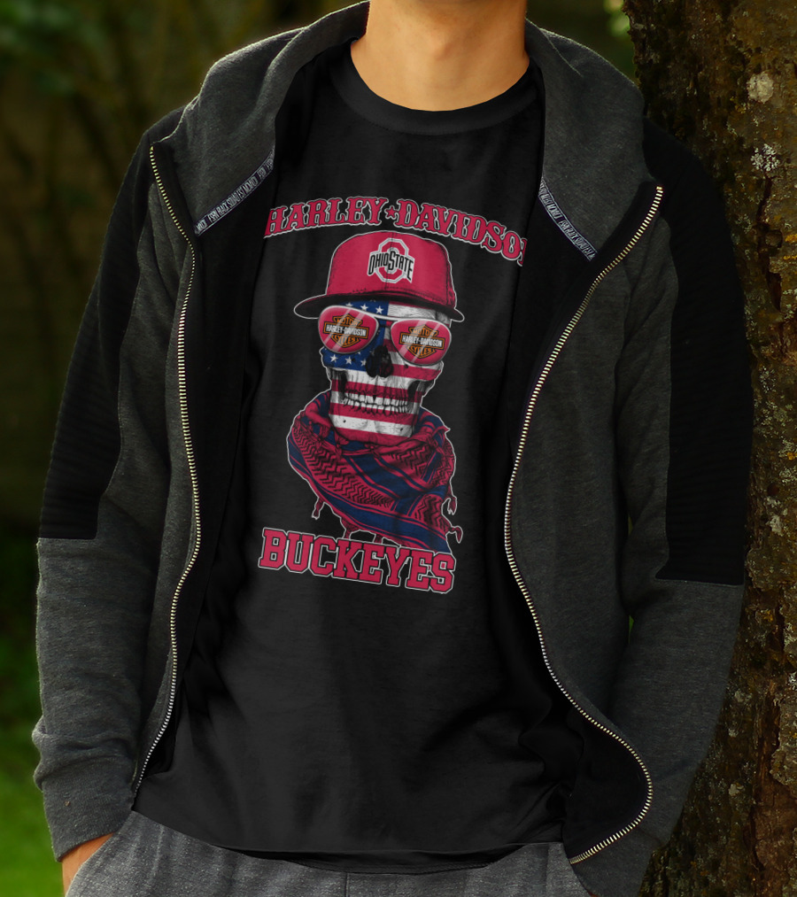 Harley Davidson Ohio State Buckeyes Usa Flag Skull T-Shirt
