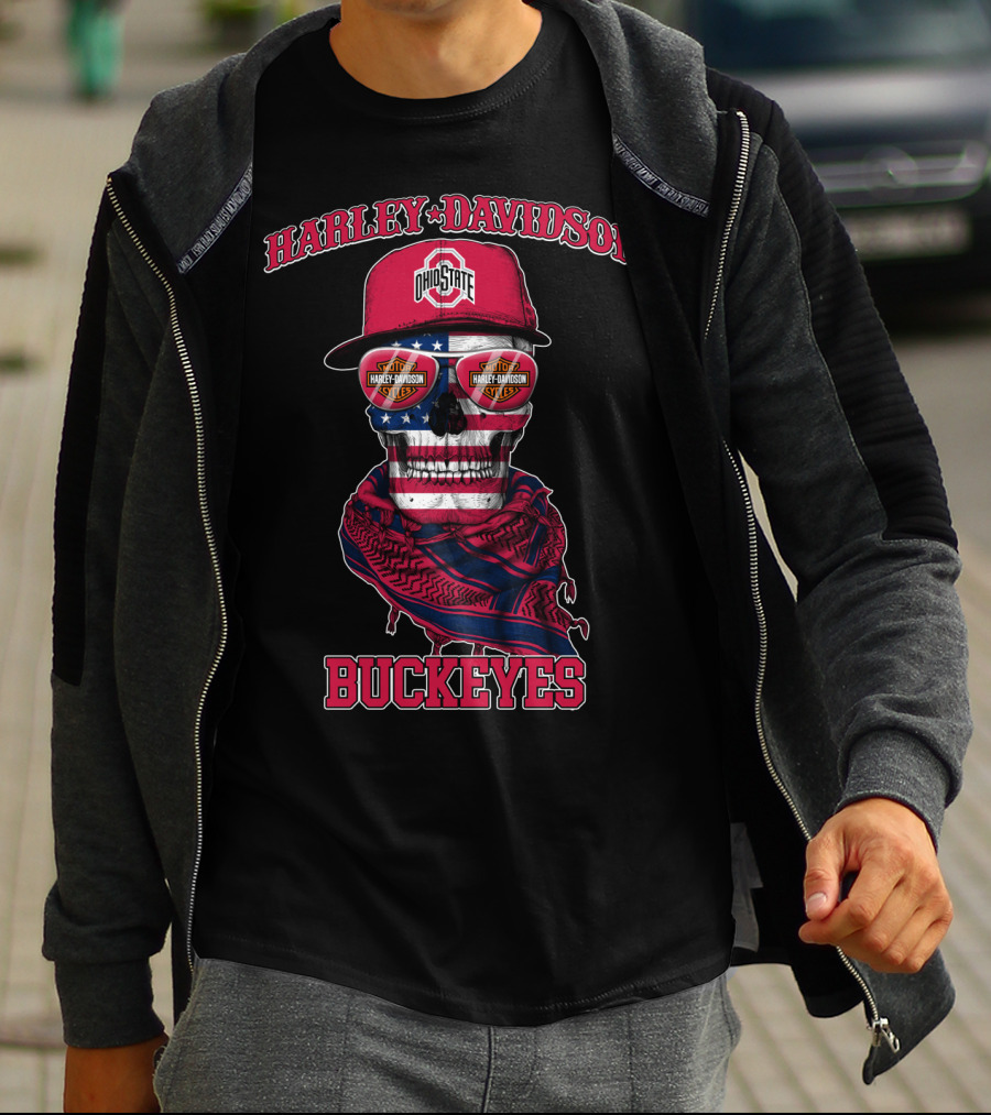 Harley Davidson Ohio State Buckeyes Usa Flag Skull T-Shirt