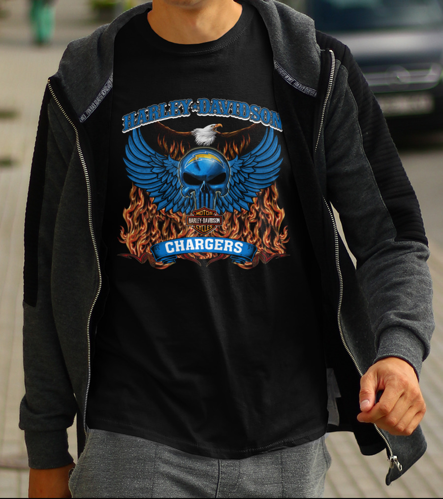 Harley Davidson Motor Cycles Chargers Los Angeles 206 Flame Wings Skull Eagle T-Shirt