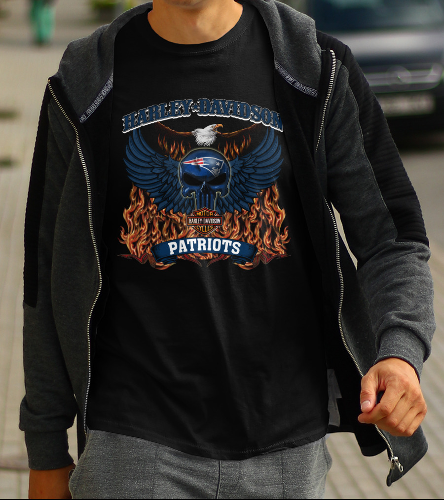 Harley Davidson Nfl New England Patriots Winged Skull And Flames T-Shirt
