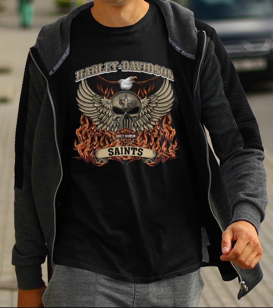 Harley Davidson Motor Cycles Saints New Orleans Flames And Skull T-Shirt