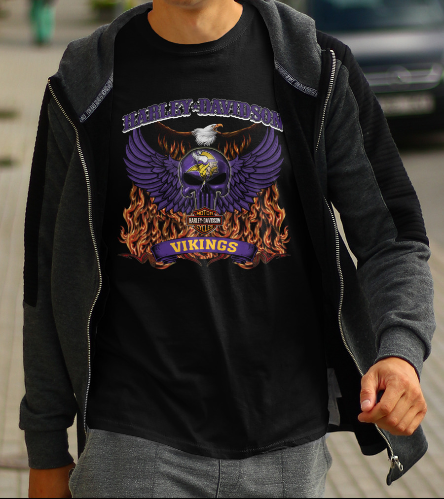 Harley Davidson Minnesota Vikings Nfl Motorcycles Flaming Winged Skull T-Shirt