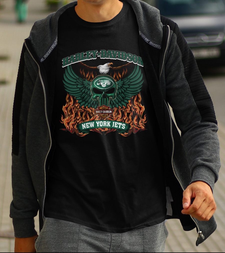 Harley Davidson New York Jets Nfl 206 Flames And Eagle T-Shirt