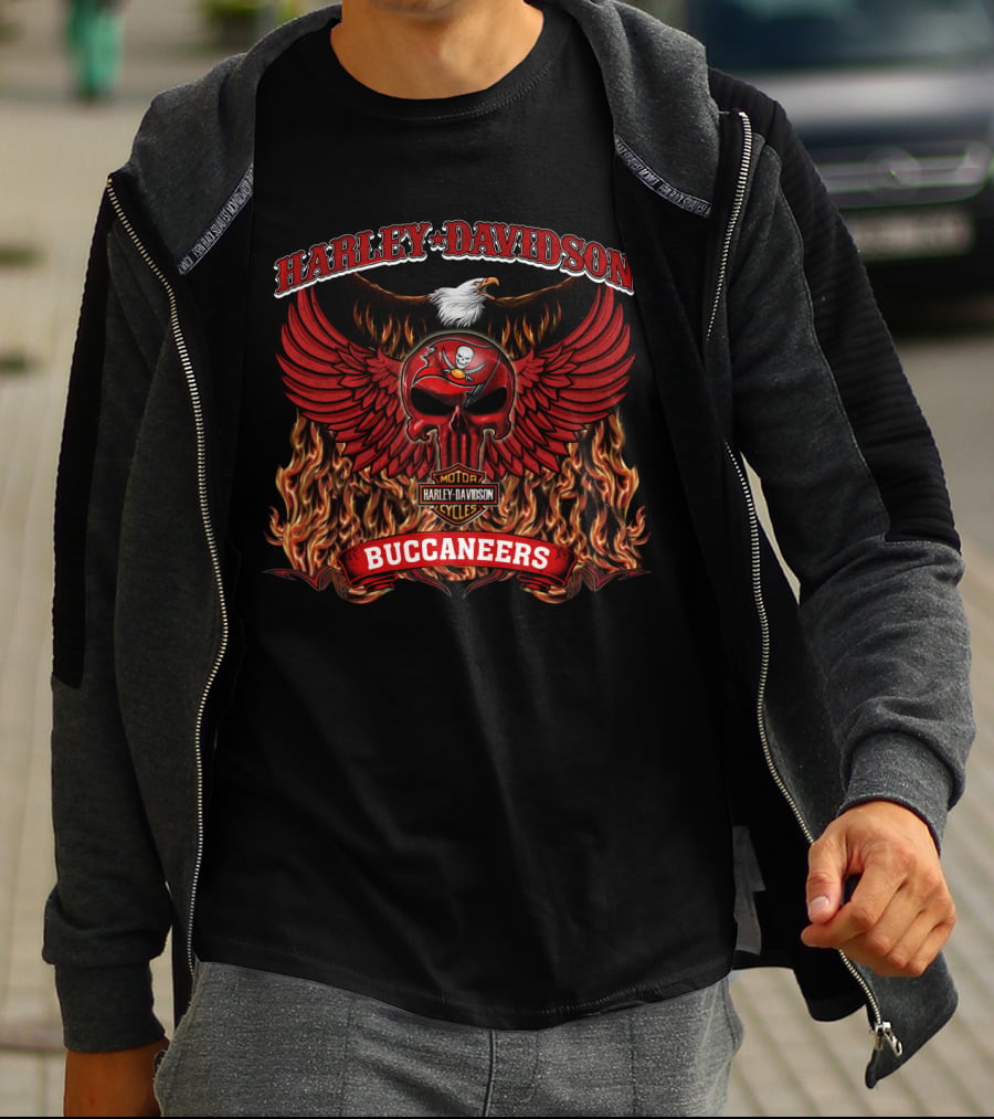 Harley Davidson Buccaneers Winged Skull Motor Cycles Flame T-Shirt