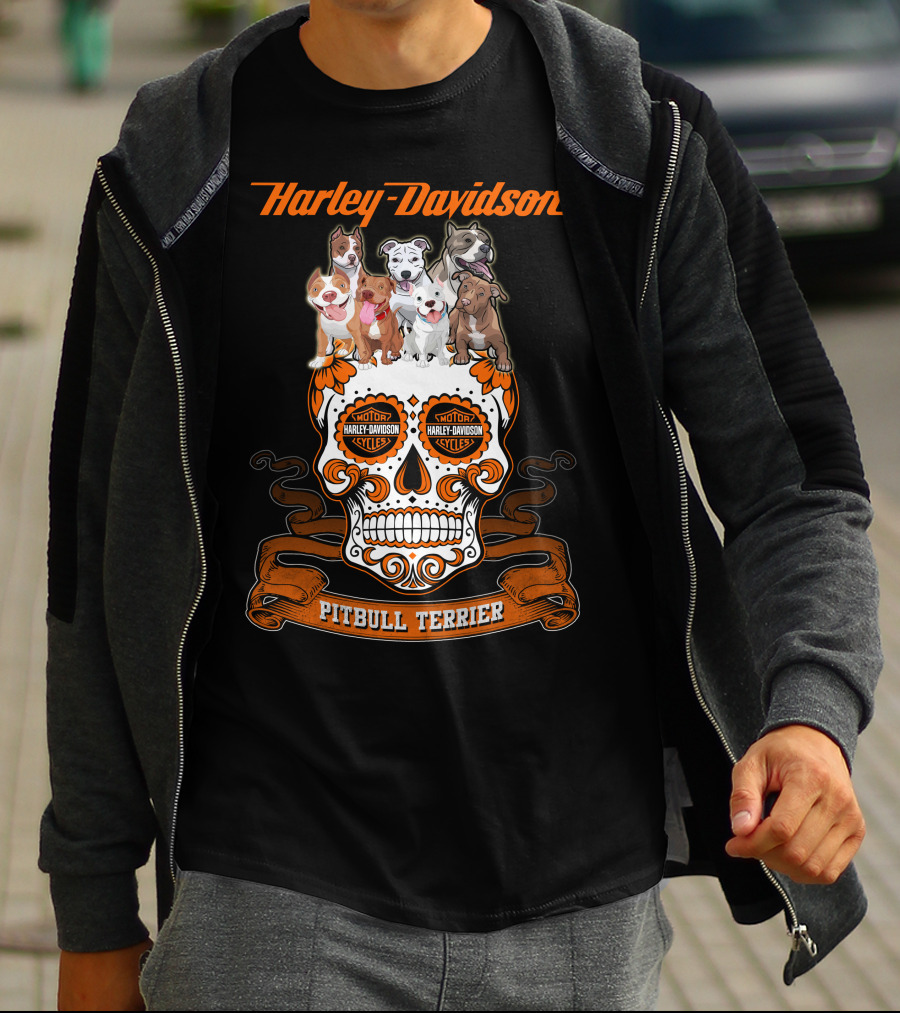 Harley Davidson Pitbull Terrier Motorcycle Cycles Skull T-Shirt