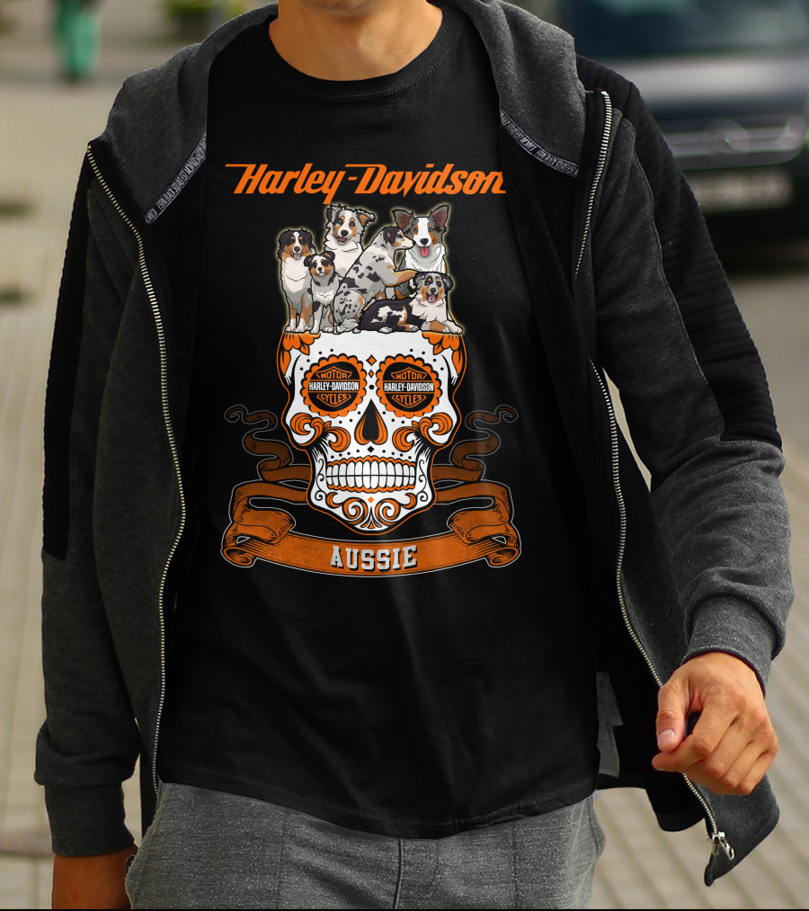 Harley Davidson Aussie Dogs Sugar Skull Art T-Shirt