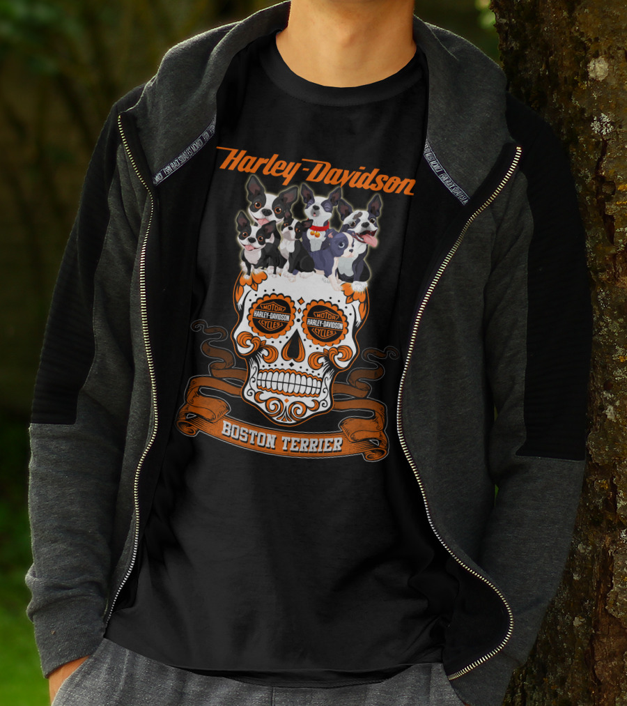 Harley Davidson Boston Terrier Skull Motif T-Shirt