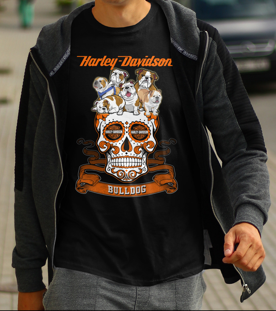 Harley Davidson Bulldog Skull Motif With Bulldogs T-Shirt