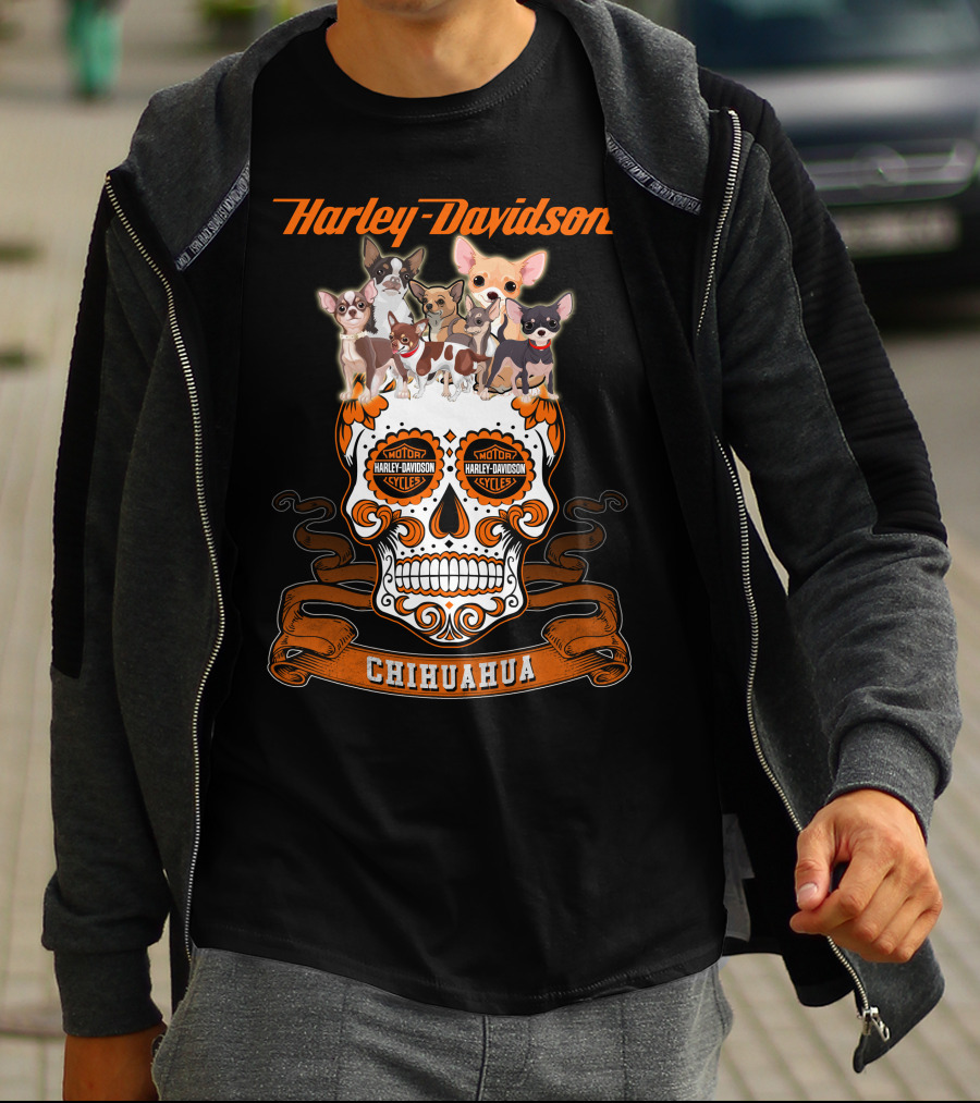 Harley Davidson Chihuahua Skull With Motorcycles And Cute Dogs T-Shirt