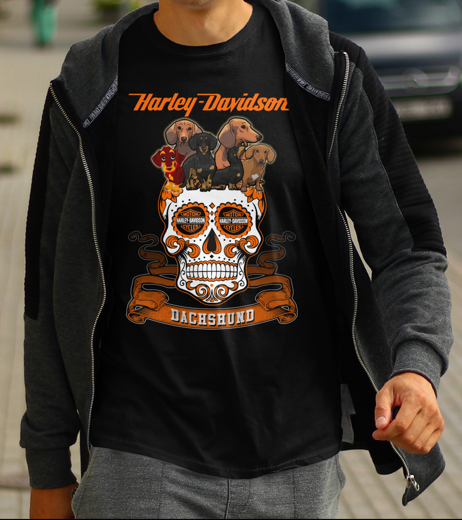 Harley Davidson Dachshund Skull With Motorcycles And Dachshunds T-Shirt