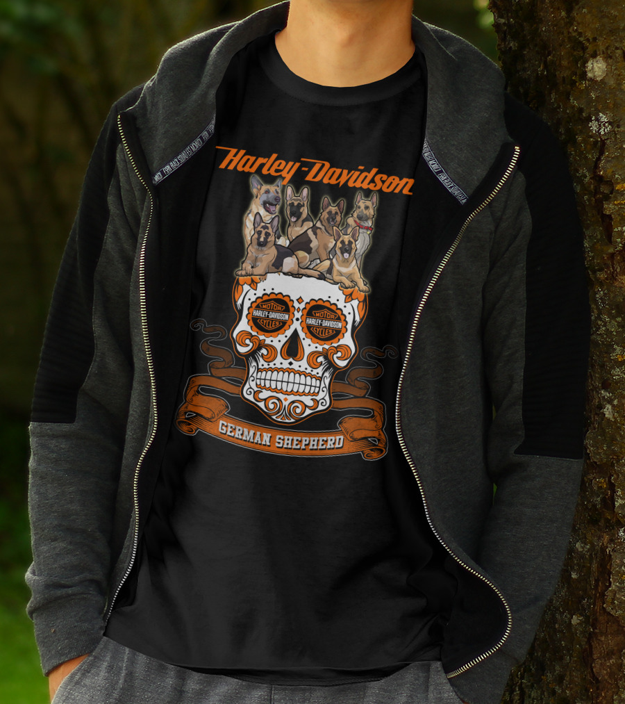 Harley Davidson German Shepherd Skull Motif T-Shirt