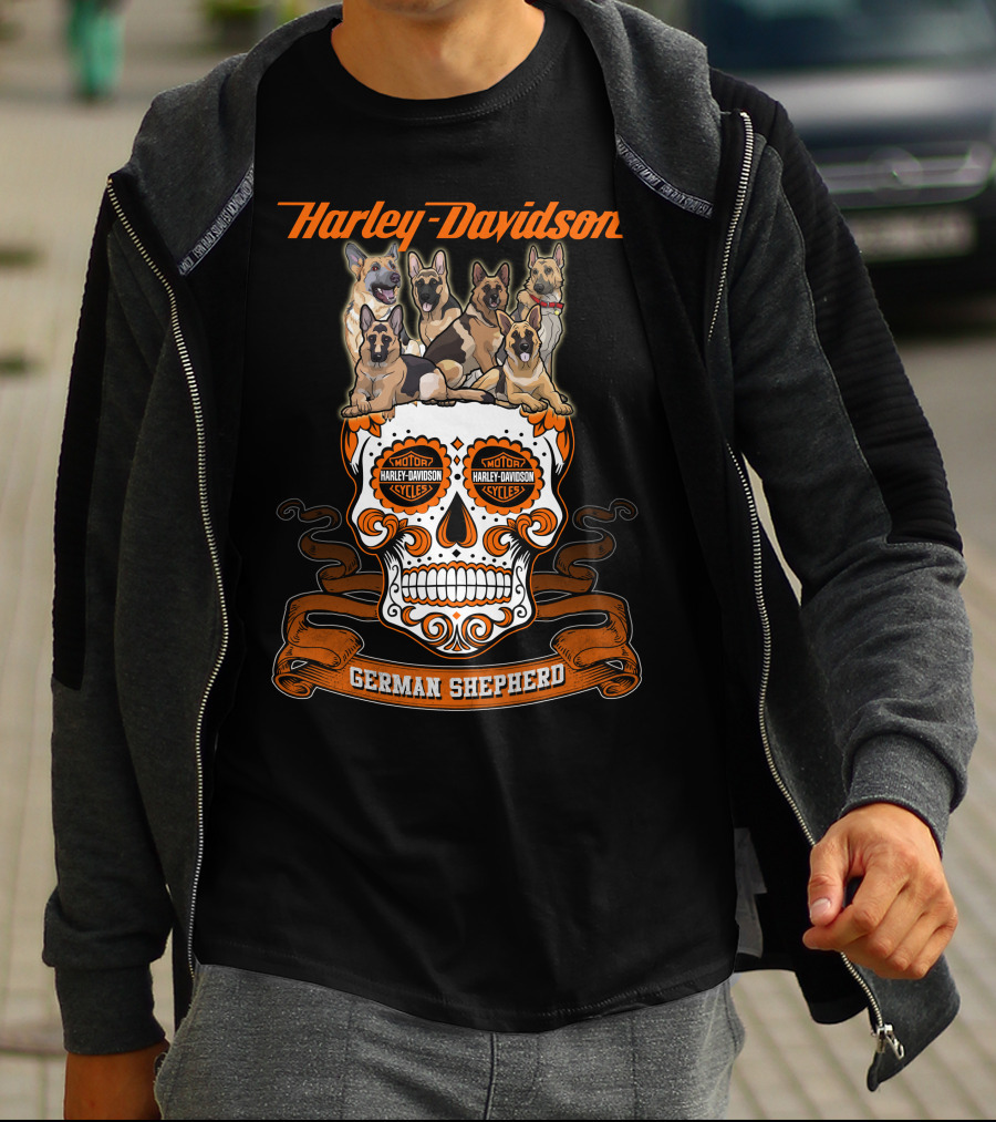 Harley Davidson German Shepherd Skull Motif T-Shirt