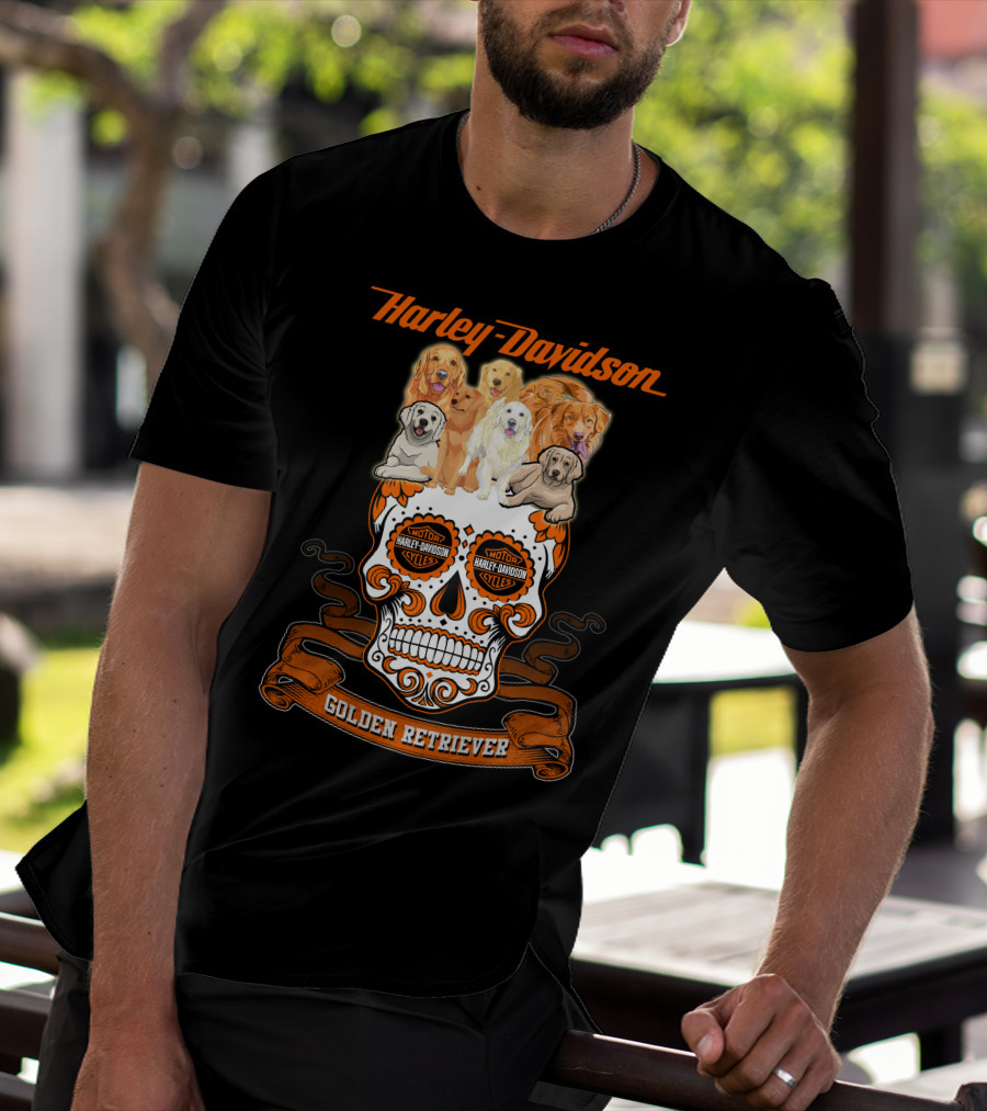 Harley Davidson Golden Retriever Skull Motif T-Shirt