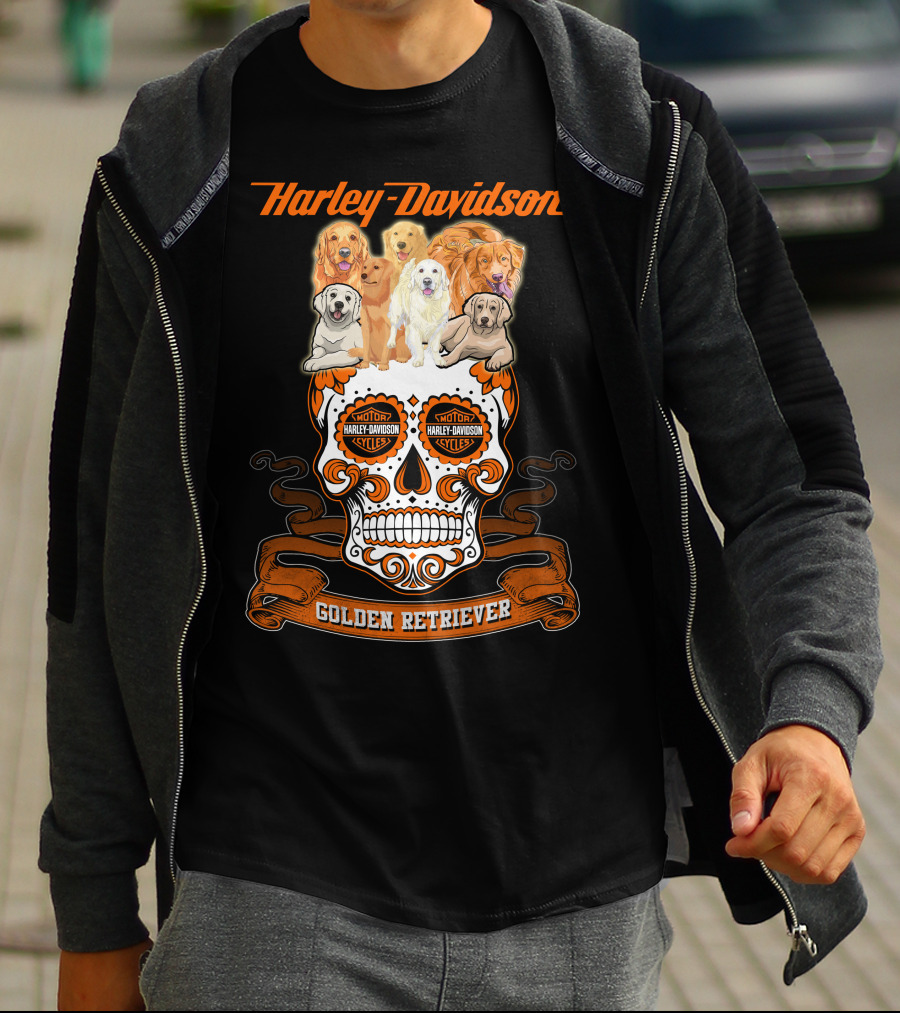 Harley Davidson Golden Retriever Skull Motif T-Shirt