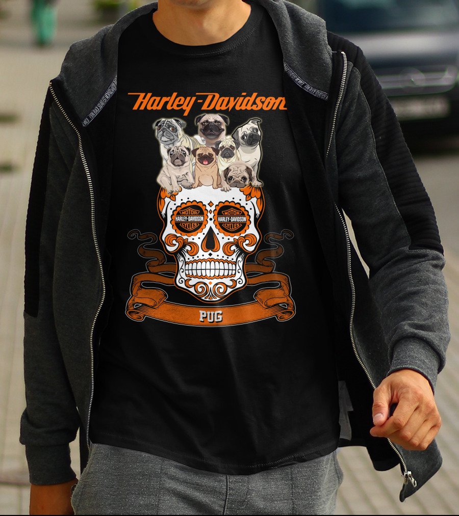 Harley Davidson Pug Skull Motif With Pugs T-Shirt