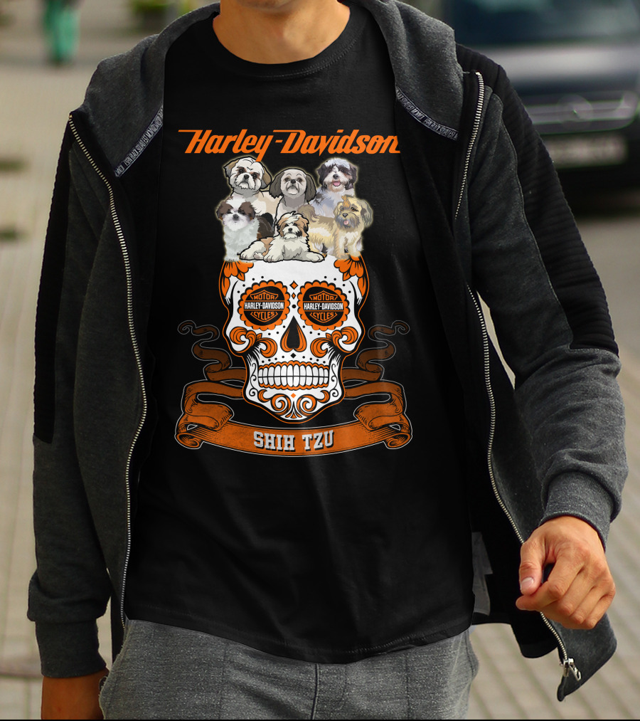 Harley Davidson Shih Tzu Skull With Dogs And Motor Harley Davidson Cycles T-Shirt