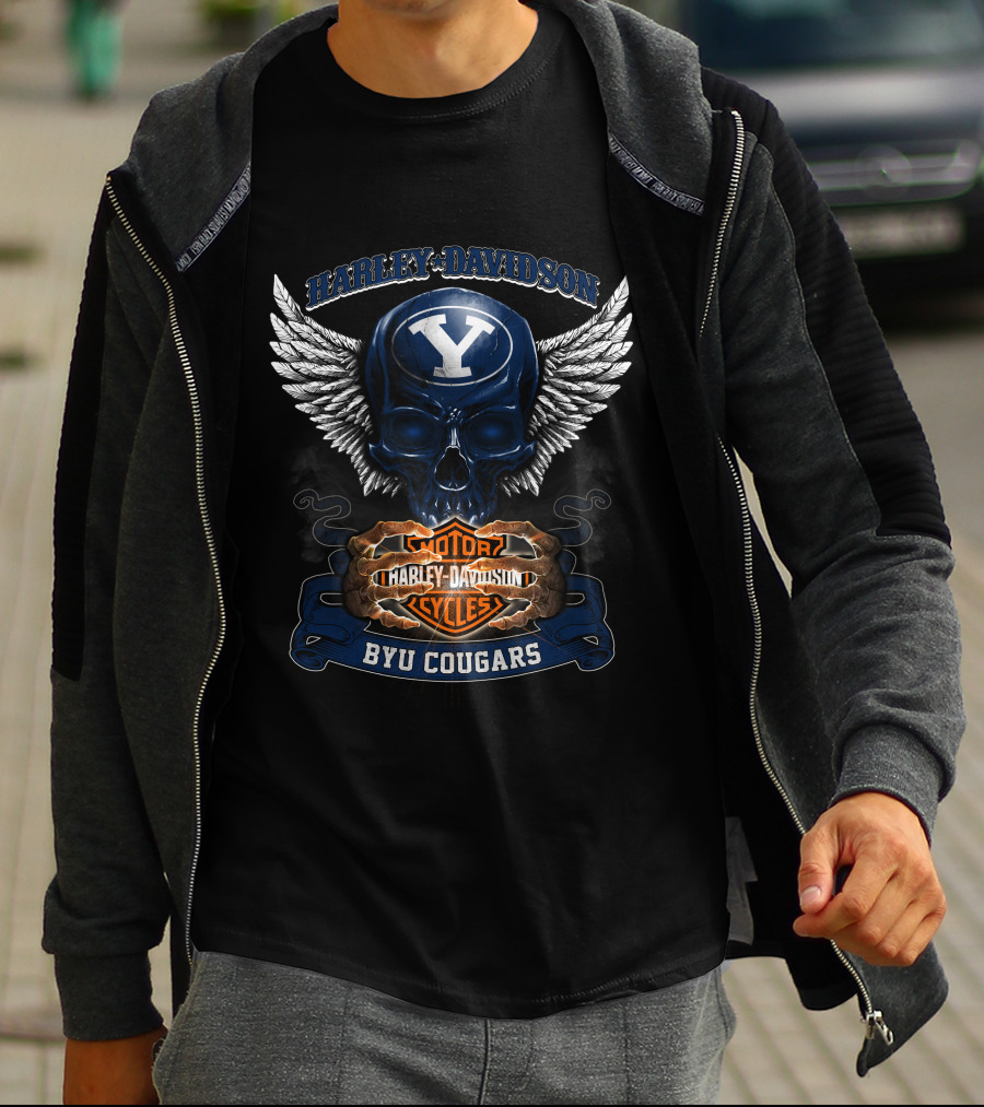 Harley Davidson Byu Cougars Y Skull Wings Motor Cycles T-Shirt