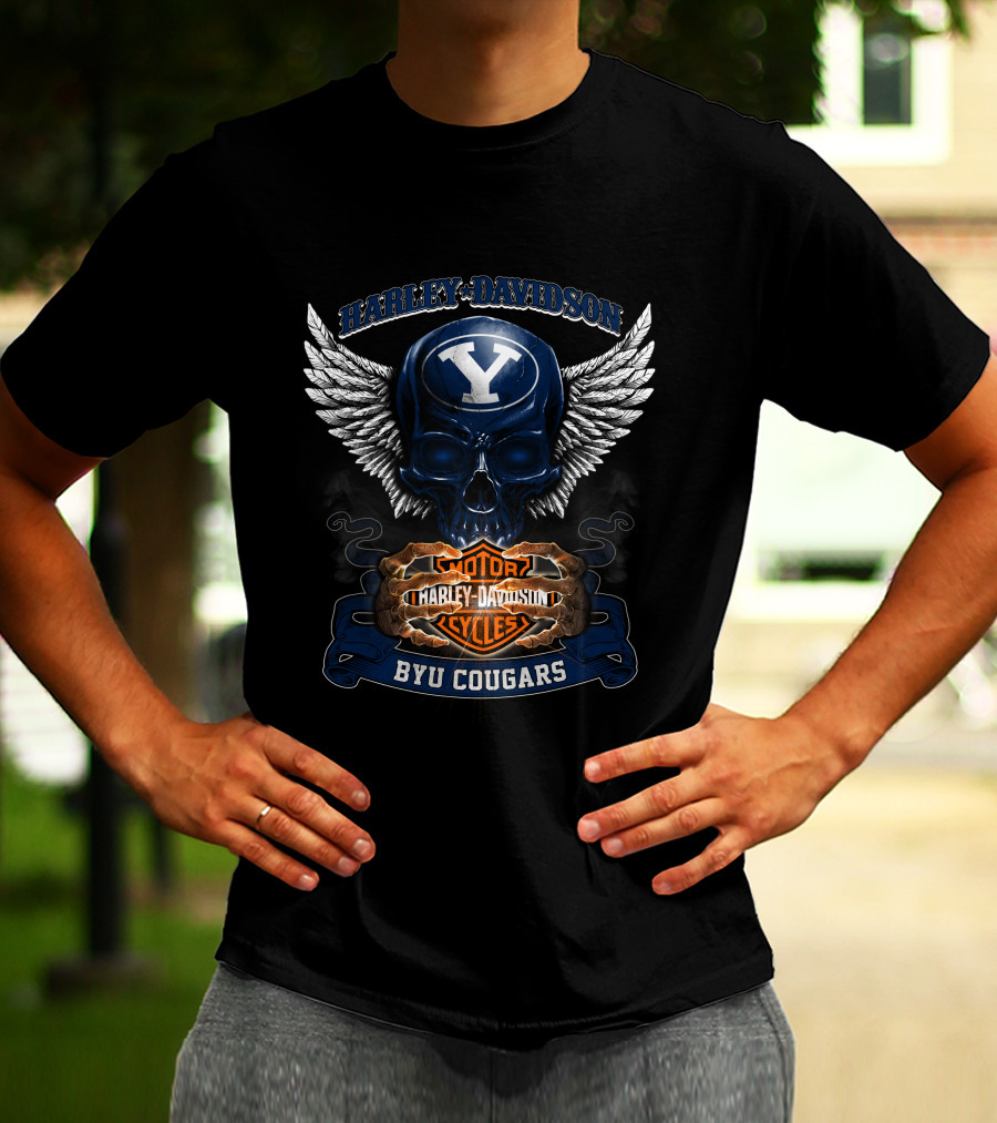 Harley Davidson Byu Cougars Y Skull Wings Motor Cycles T-Shirt