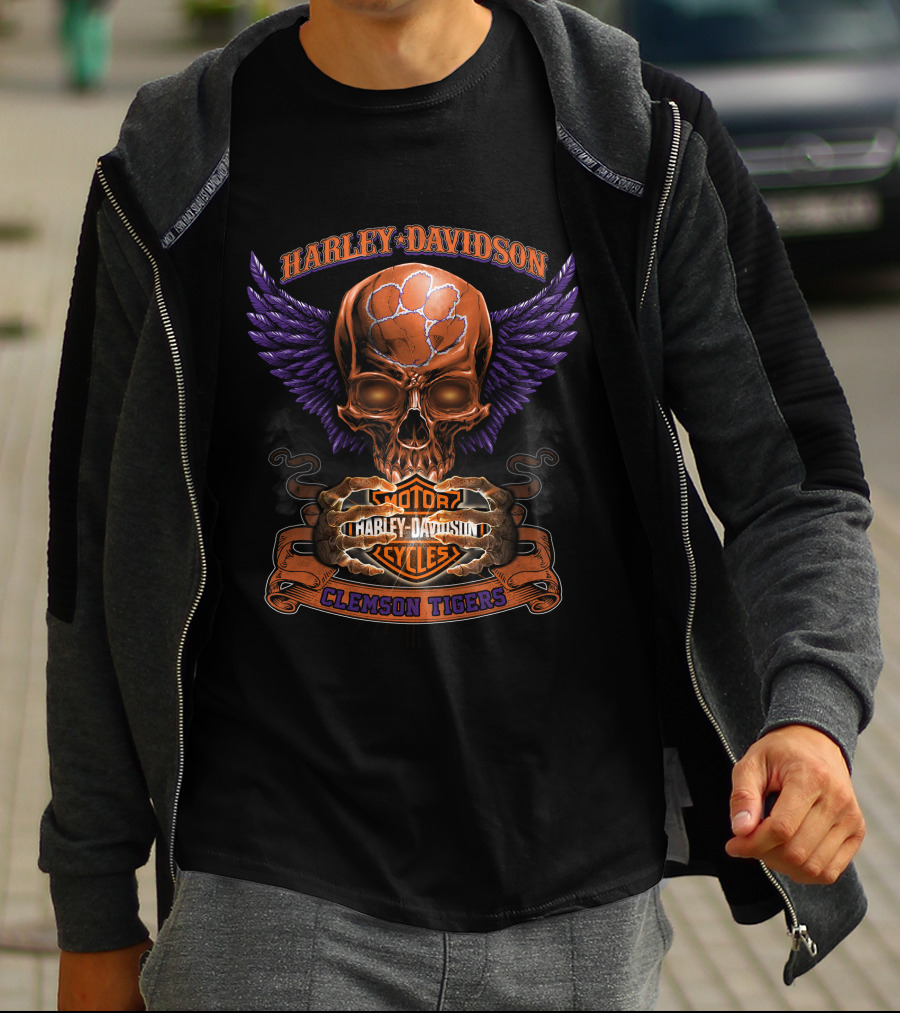 Harley Davidson Clemson Tigers Motorcycles Skull Wings T-Shirt