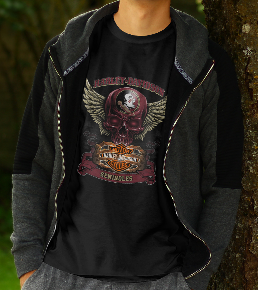 Harley Davidson Seminoles Skull With Florida State Motor Cycles Wings T-Shirt